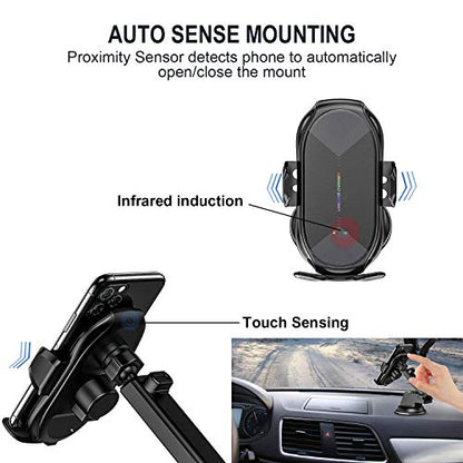 Wireless Car Charger,15W Qi Fast Charging Auto-Clamping Air Vent Windshield Dashboard Car Phone Mount,Long Arm Suction Cup Holder for iPhone Samsung LG - color: Black-2