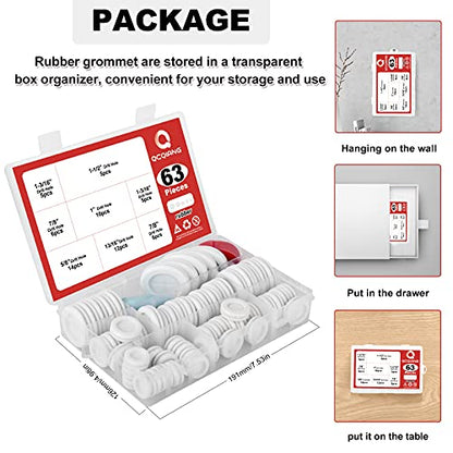 63Pcs Rubber Grommet Kit, Drill Hole Firewall Hole Plugs Wire Protection with Cable Sticky Tape, 6 Sizes 5/8" 13/16" 7/8" 1" 1-3/16" 1-1/2"(White) - size: White Rubber Grommet Kit