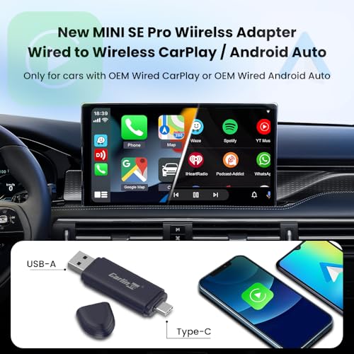 Carlinkit Mini SE Pro Wireless CarPlay Adapter, Wired to Wireless Converter for OEM Factory Wired CarPlay/Android Auto Cars, 5GHz WiFi Fast Connect with USB C/A Dual Port - color: Dark Blue
