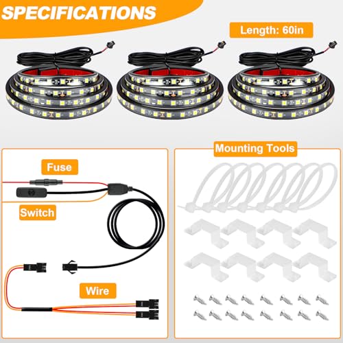 YUGUANG 3Pcs 60 Inch Truck Bed Lights, 6000K White Waterproof LED Truck Bed Lights Strip with On/Off Switch for Trucks, Cargo, Pickup, SUV