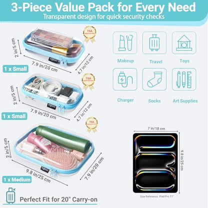 YQBRAO Clear Hard Shell Zipper Cases, 6 Travel Organizers, 2M 4S, Blue - color: Blue, size: 6 Pack (2M+4S)