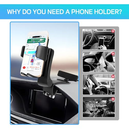 Car Phone Holder, Multifunctional Dashboard Phone Holder for Car, 360 Degree Rotation Auto Cell Phone Mount, Universal Dash Board Car Clip Mount Stand for All Smartphones 4"-7"