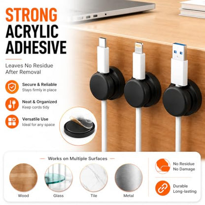 6Pack Cord Organizer - [Dual Spring & Clasp Lock] Cable Management Clips, Adhesive Phone Charger Keeper, Compact Wire Holder for Nightstand/Car, Home Office Desk Accessories Decor Essentials