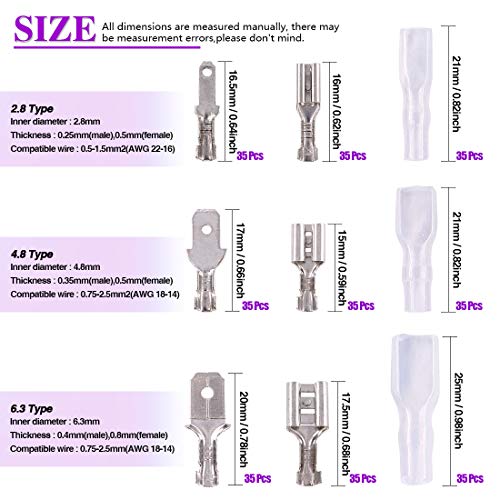 Swpeet 315Pcs 2.8/4.8/6.3mm Male and Female Spade Quick Connectors Wire Crimp Terminal Block with Insulating Sleeve Assortment Kit Perfect for Electrical Wiring Car Audio Speaker