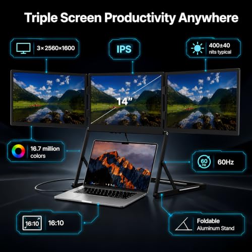 TriCreate 14" QHD Triple Portable Monitor Extender for Laptop - size: T14Q