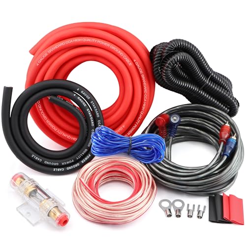 4 Gauge Amplifier Wiring Kit, Car Amp Wiring Kit 1000W CCA with Power Wire & Ground Cable, RCA Interconnect Cable, Speaker Wire, AGU Fuse Holder - for Car Audio Subwoofer & Stereo System Install - size: 4 GAUGE