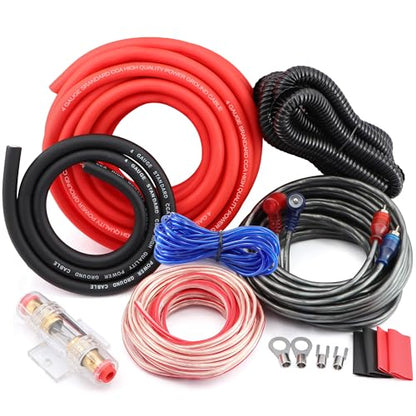 4 Gauge Amplifier Wiring Kit, Car Amp Wiring Kit 1000W CCA with Power Wire & Ground Cable, RCA Interconnect Cable, Speaker Wire, AGU Fuse Holder - for Car Audio Subwoofer & Stereo System Install - size: 4 GAUGE