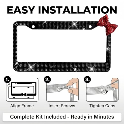 Wanheart 1 Pack Black Bling License Plate Frame with Red Upper Right Bow - color: Black Frame + Red Bow