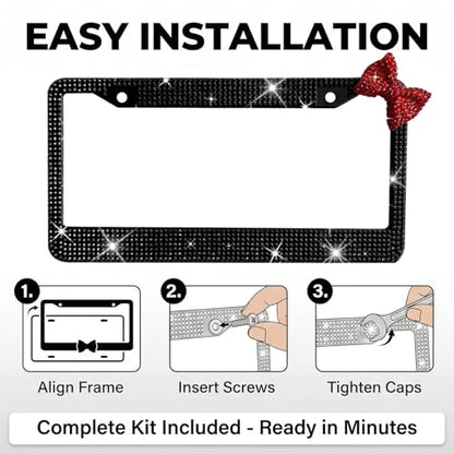 Wanheart 1 Pack Black Bling License Plate Frame with Red Upper Right Bow - color: Black Frame + Red Bow