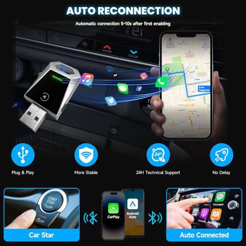 2-in-1 Wireless CarPlay & Android Auto Adapter, Metal Silver CarPlay Dongle, Fast Auto-Reconnect Adapter, for iPhone & Android with USB/USB-C Port