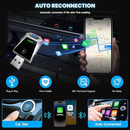 2-in-1 Wireless CarPlay & Android Auto Adapter, Metal Silver CarPlay Dongle, Fast Auto-Reconnect Adapter, for iPhone & Android with USB/USB-C Port