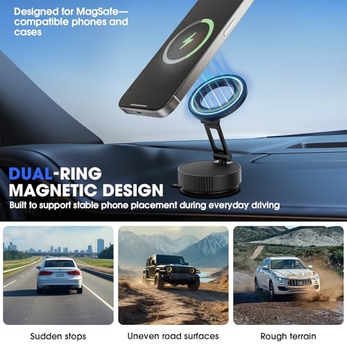LifetimeWarranty Strong Magnetic Car Phone Holder, 360°Adjustable Car Mount w/ Vacuum Suction,Pocket Size Strong Magnetic Suction Phone Mount for Dashboard and Windshield, Compatible with iPhone 12-17 - color: Black