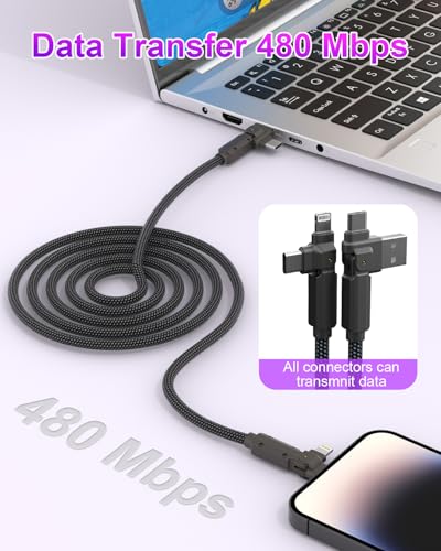 90 Degree USB C Cable for iPhone 17 16 Pro Max, 4in1 USB-C/A to C/Lightning Cable 6FT, 60W Fast Multi Charging Cord with 90° Rotating Swivel USBC/Lightning Adapter for Apple 15 14 13,Carplay,Auto