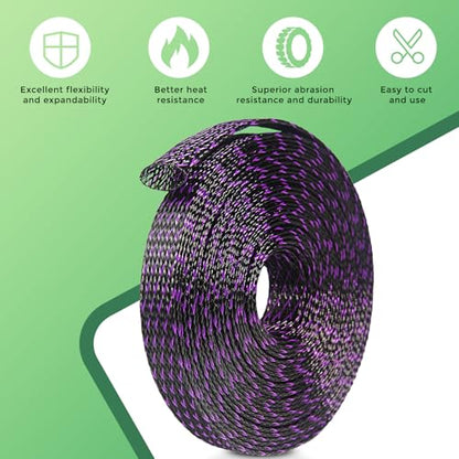 132 ft Expandable Braided Cable Sleeve Wire Loom PET Wiring Sleeving, Mesh Automotive Split Sheathing Wrap Management Heat Shrink for Audio and Other Home Device (1/2 in, 1/4 in, 3/8 in,3/4 in,Purple) - color: Purple