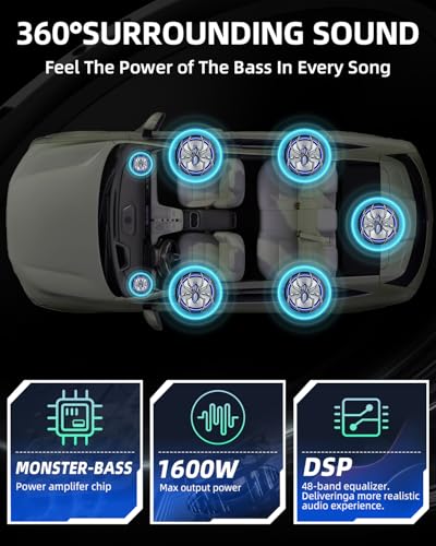 1600W Slim Underseat Car Subwoofer and Amp Package, Powered Subwoofer Car Audio with Built-in Class D Amplifier, Subsonic Deep Bass, Cast Aluminum, LED Ambient Light Switch,for Truck SUV Car