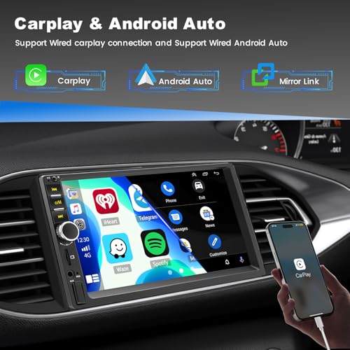 Double Din Car Stereo with Apple CarPlay and Android Auto, 7 Inch HD Touchscreen Car Radio, Bluetooth Car Audio Receivers, Backup Camera, Mirror Link, USB/AUX/TF/FM