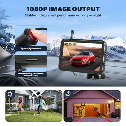 Wireless Backup Camera With 5" Monitor, RV Solar Back Up Camera Systems HD 1080P Monitor With Video Recording, Rechargeable Infrared Night Vision Rear View Cameras For RVs Car Truck Trailer Pickup Van