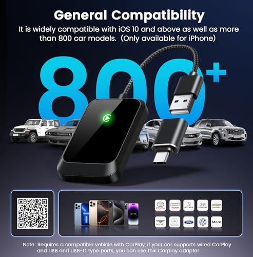 Wireless CarPlay Adapter for iPhone – Plug-and-Play with USB-A Extension & USB-C Connector, Zero Latency, Compatible with 2016+ Cars & iOS 10+