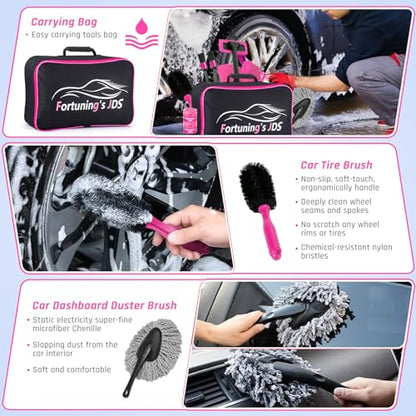 47PCS Car Detailing Kit Interior Cleaner, Car Cleaning Supplies with High Power Car Vacuum Cleaner,Auto Detailing Kit,Car Wash Kit with Bucket Detailing Brush Set,Pink Car Accessories for Women - color: 47PCS