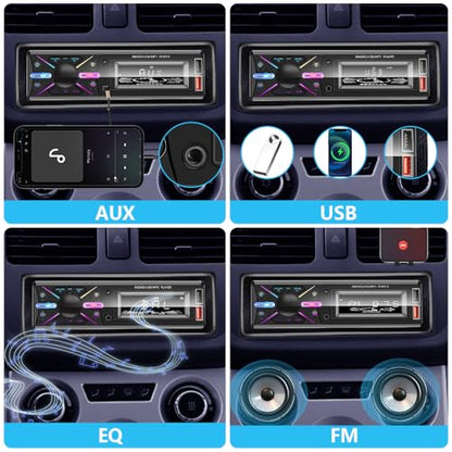 Single Din Car Stereo Bluetooth, Car Radio with Handsfree & App Control, 4X50W Support FM/USB/AUX/MP3/EQ, 7 Color LED | No CD/DVD Player