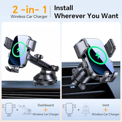 Coolpow Wireless Car Charger,15W Fast Charging for iPhone Wireless Charger【Military-Grade Stabilizing Arm Clamp】360° Adjustable Phone Holder Mount Car Phone Mount Charger for iPhone and Samsung Galaxy