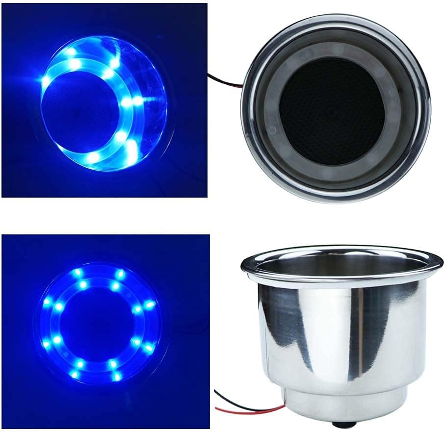 2Pcs Blue LED Boat Cup Drink Holder,Stainless Steel Polished Cup Holder for Boat,12V,Water Proof for Marine Boat Rv Camper