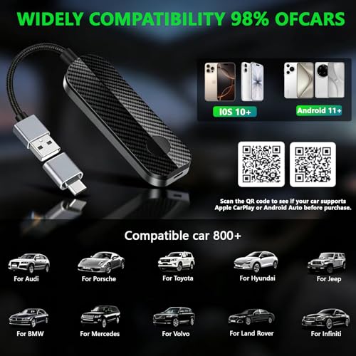 Wireless CarPlay Auto Adapter for Factory Wired Cars (2015-2026), Plug & Play CarPlay Dongle Converts Wired to Wireless, Fast Auto Reconnect, Dual Band 5GHz, USB A & USB C Compatible