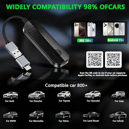 Wireless CarPlay Auto Adapter for Factory Wired Cars (2015-2026), Plug & Play CarPlay Dongle Converts Wired to Wireless, Fast Auto Reconnect, Dual Band 5GHz, USB A & USB C Compatible