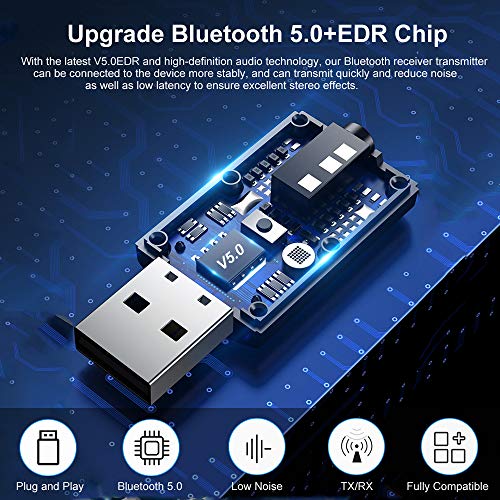 Bluetooth Car Adapter, Mini Bluetooth 5.0 Stereo Transmitter Receiver, Wireless 3.5mm Aux Jack Hands-Free Calls Kit Audio Adapter Built-in Mic for Car Speaker, Home Stereo, Headphones, PC,TV More