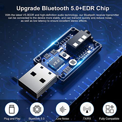 Bluetooth Car Adapter, Mini Bluetooth 5.0 Stereo Transmitter Receiver, Wireless 3.5mm Aux Jack Hands-Free Calls Kit Audio Adapter Built-in Mic for Car Speaker, Home Stereo, Headphones, PC,TV More