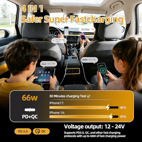 Retractable Car Charger with 31-Inch Cables 4 in 1 Fast Car Charger USB C Car Adapter with Starry Sky Light for iPhone 17 16 15 14 Car Accessories Gifts for Men Women Drivers (Black) - color: BLACK