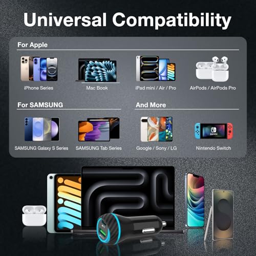 MOCA USB-C Car Charger, 51W USB-C & USB-A 2-Port PD/QC 3.0 Car Power Adapter W/ 2pcs 3.3ft A-P/C-P Cable Car Charger for iPhone 17/16/15 Series, Samsung Galaxy S25/S24/S23 Series, iPad Pro, AirPods - color: Carbon Fiber Texture