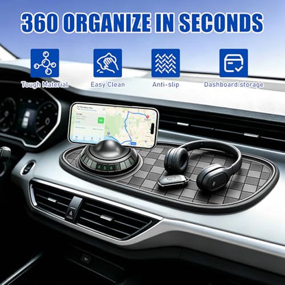 Multifunctional Car Anti Slip Mat with 360° Rotating Phone Holder, Dashboard Organizer for Sunglasses & Keys, Includes Temporary Parking Number Plate - Car Accessories for Women (Black-Gray)