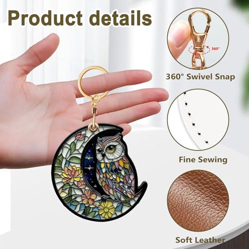 Owl Leather Keychain Case Holder,GPS Tacker With Keychain Ring,Stained Glass Style Access Card Scratch-Resistant,Finders Accessories For Pets, Luggage, Wallet, Backpacks - color: Owl