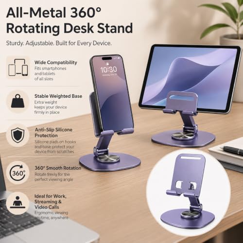 Purple 360° Rotating Aluminum Cell Phone Stand for Desk, Foldable Heavy Duty Tablet Holder, Cute Mechanical Fidget Desktop Mount for iPad Phone Live Streaming Gaming Office Setup - color: PURPLE