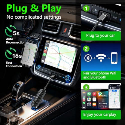Wireless CarPlay Auto Adapter for Factory Wired Cars (2015-2026), Plug & Play CarPlay Dongle Converts Wired to Wireless, Fast Auto Reconnect, Dual Band 5GHz, USB A & USB C Compatible