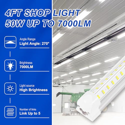 XLNYUUI Led Shop Lights,4FT LED Light 50W 6500K 7000LM Led Daylight,Garage Light Linkable Clear Cover Integrated V-Shape for Garage Warehouse Workbench Workshop(2-Pack) - size: 4FT 2PACK