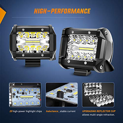 Nilight 2PC 4Inch Triple Row Lights 60W Flood Spot Combo 6000LM Bar Driving Boat Led Off Road Trucks with Adjustable Pillar Hood Mount Bracket Clamp Holder and Wiring Harness Kit - color: Led Pods+ Wiring +Pillar Hood