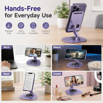 Purple 360° Rotating Aluminum Cell Phone Stand for Desk, Foldable Heavy Duty Tablet Holder, Cute Mechanical Fidget Desktop Mount for iPad Phone Live Streaming Gaming Office Setup - color: PURPLE