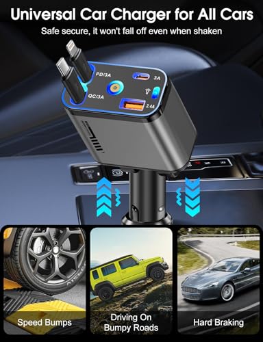 Retractable Car Charger 120W Fast Charging with Starlight,4 in 1 Universal Car Phone Charger,Built-in Type-C & Applehead Cable,Car Road Trip Retractable Accessory for iPhone,IPad,Samsung Galaxy,Pixel
