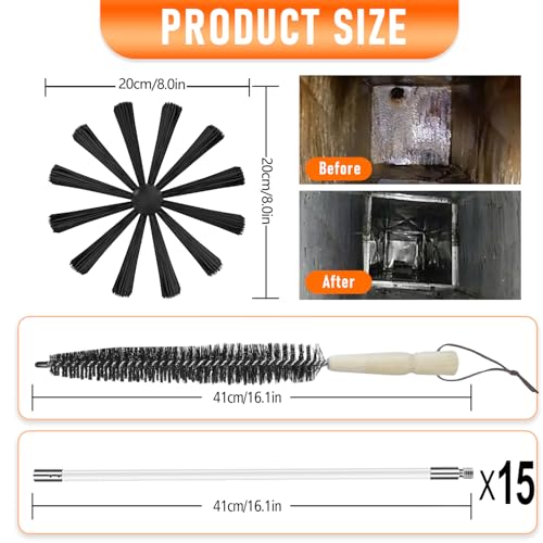 20Feet Chimney Sweep Kit,8 in Brush Head,Dryer Vent Cleaner Kit, Chimney Sweep&Chimney Cleaning Kit, Rotary Chimney Cleaning System for Flue/Fireplace/Sewage Pipe/Hood with 15 Nylon Flexible Rods - color: Large, size: 20FT
