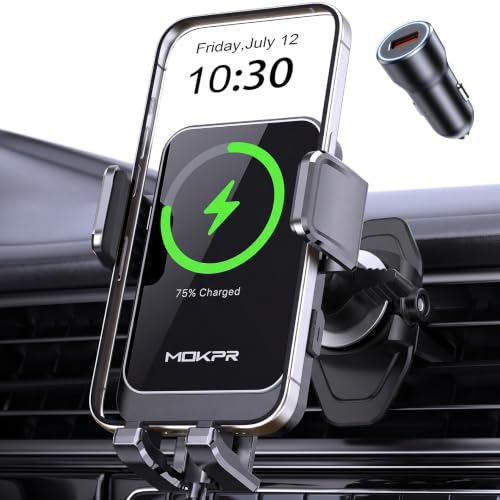 MOKPR Wireless Car Charger, 15W Fast Charging Auto Clamping Air Vent Car Phone Holder with LED Light Car Charger for iPhone 17 16 15/14/13/12 Pro Max Plus, Samsung S23/S22/S21 - style: Air Vent