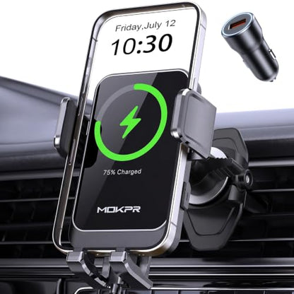 MOKPR Wireless Car Charger, 15W Fast Charging Auto Clamping Air Vent Car Phone Holder with LED Light Car Charger for iPhone 17 16 15/14/13/12 Pro Max Plus, Samsung S23/S22/S21 - style: Air Vent