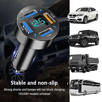 4-in-1 Car Charger 66W Super Fast Charging with USB 2.4A&QC 3.0(Voltmeter&LED Lights) Universal Quick Charge for 12-24V Car Cigarette Lighter Plug(Black-QC/2.4A) - color: Black-QC/2.4A