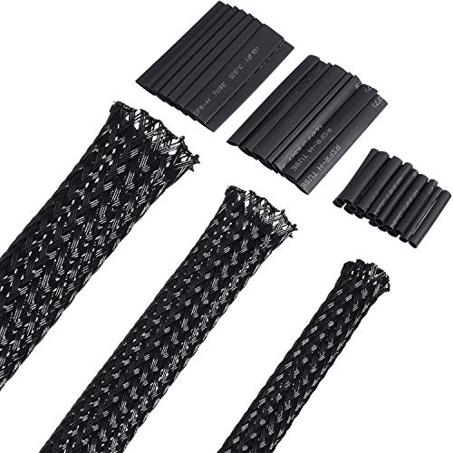 Boao 50ft PET Expandable Braided Cable Sleeve, Wire Loom Braid Sleeving with 127 Pieces Shrink Tube for Audio Video and Other Home Device Cable Automotive Wire(1/2 Inch, 1/4 Inch, 3/8 Inch,Black) - color: Black, size: 1/2 Inch, 1/4 Inch, 3/8 Inch