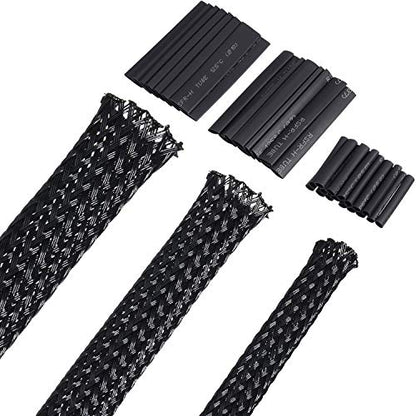 Boao 50ft PET Expandable Braided Cable Sleeve, Wire Loom Braid Sleeving with 127 Pieces Shrink Tube for Audio Video and Other Home Device Cable Automotive Wire(1/2 Inch, 1/4 Inch, 3/8 Inch,Black) - color: Black, size: 1/2 Inch, 1/4 Inch, 3/8 Inch