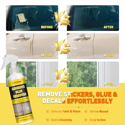 Adhesive Remover - Powerful Sticker & Glue Remover Spray for Cars, Removes Labels, Stickers, Decals, Tape Residue from Car Glass, Paint & Windows with Scraper, Razor Blades, and Towel - 3.4oz/100ml