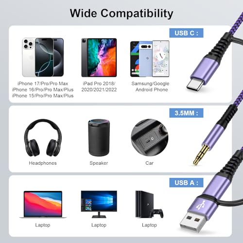 USB to 3.5mm Audio Aux Cable for Headphones Speaker PC PS5 Laptop Desktops - color: Purple