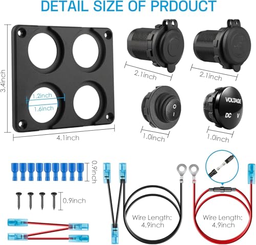 12V USB Charger Panel with PD 30W Ports& Dual QC3.0 18W: 4 in 1 Aluminum Waterproof RV USB Outlet, 150W Cigarette Lighter Socket, LED Voltmeter, Rocker Switch for Boat, Camper, Truck, Accessories