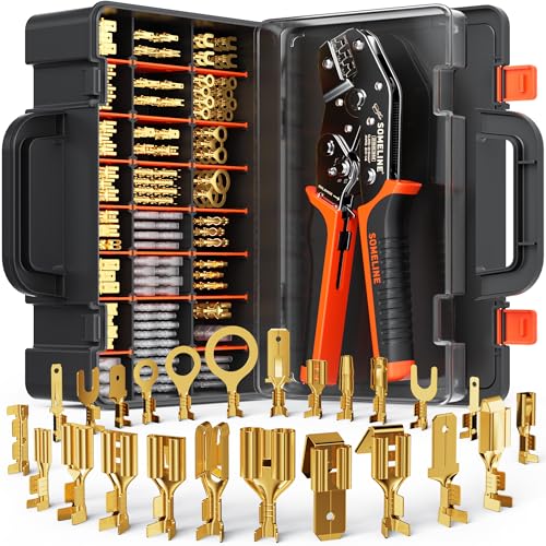 SOMELINE Spade Terminal Crimping Tool Kit AWG 24-14, 24 Types 2.8/3.9/4.8/6.3 mm Male & Female Quick Disconnect Non-Insulated Connectors - Open Barrel Crimping Tool - size: 24 Types - A